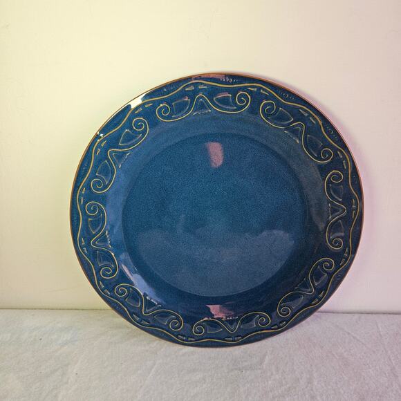 Pier 1 Large Tunisia Chop Plate Stoneware Blue Glaze & Scroll Rim Embossed 13" - Picture 2 of 7